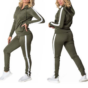 Conjunto Deportivo de Mujer con Capucha en Verde Oliva, Manga Larga, Color Sólido, para Correr, con Franjas Laterales Blancas, Transpirable, Corte Regular - Product Image 6