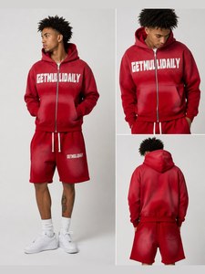 Men's Vintage Washed Zip up Hoodie and Shorts Oversized Tracksuit With Applique <b>Embroidery</b> and Rhinestone Detail Casual Cotton - Product Image 4