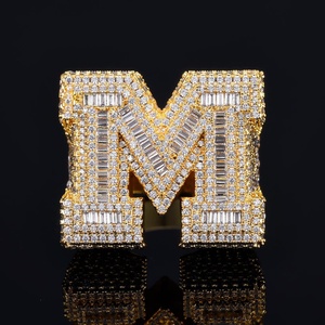 Iced Out Letter M <b>Cocktail</b> <b>Ring</b> 24K <b>Gold</b> Plated Cubic Zirconia Micro Pave Unisex Glam Party Jewelry Available for Export Price - Product Image 3