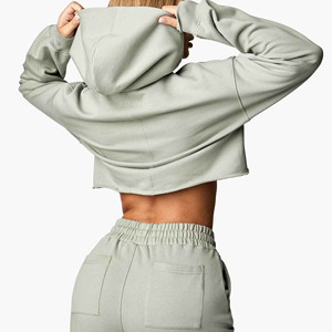Oversized Crop Hooded Sweatshirt Solid Color French Terry Long Sleeve Casual Wear Autumn Style Unisex Fit - Product Image 2