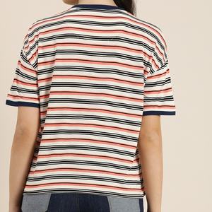 Camiseta a rayas con cuello redondo para mujer, manga corta, rayas horizontales informales teñidas con hilo, cuello redondo con apliques en diferentes colores - Product Image 4