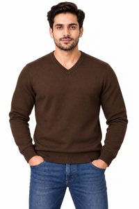 Suéter Premium para Hombre, Color Chocolate, Cuello en V, Clásico, Manga Larga, Tejido de Punto, Cuello Acanalado Elegante, Cálido - Product Image 1
