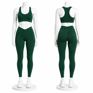 Women <b>Seamless</b> V Waist Yoga Set Ribbed High Waist <b>Leggings</b> Sports Bra Fitness Gym Activewear Set - Product Image 2