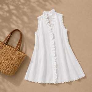 White Sleeveless V-Neck A-Line Mini <b>Dress</b> with Ruffle Trim Casual Summer 100% Cotton <b>Loose</b> Fit Boho ODM - Product Image 4