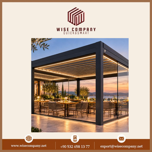 Pergola bioclimatique en aluminium avec envergure en verre coulissante, système de toit à lamelles motorisées réglables pour patio et terrasse extérieurs - Product Image 3