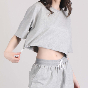 Camiseta Corta Oversize de Algodón 100% Gris Jaspeado para Mujer, Estilo Urbano, Manga Corta, Bajo Ajustable, Holgada - Product Image 3