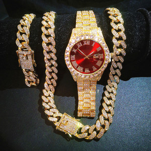 Conjunto de Reloj 9754 con Cadena Cubana, Pulsera, Collar y Gargantilla, Joyería Brillante para Hombre, Cadenas Grandes de Oro Brillante - Product Image 1