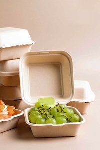 Eco Friendly Clamshell Box for Food Delivery Packaging 6x6 inches Sugarcane Bagasse Burger <b>Container</b> for <b>Takeaway</b> Food Delivery - Product Image 1