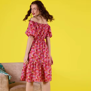 Robe longue formelle en georgette la plus vendue pour femme, à manches courtes, imprimé floral, épaules dénudées, manches évasées, coupe trapèze - Product Image 3