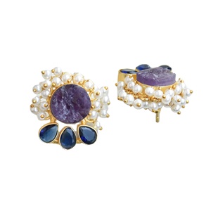 Aros de Latón al por Mayor, Pendientes de Botón Naturales con Piedras Semipreciosas Naturales, Acabado de Latón Antiguo, Estilo Moderno, Alta Calidad - Product Image 4