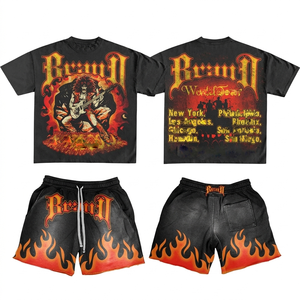 Mens 290 GSM Heavyweight Cotton Blend Black Orange Flame Graphic T Shirt And Shorts <b>Set</b> DTG Print Logo Men's T shirt Short <b>Set</b> - Product Image 1