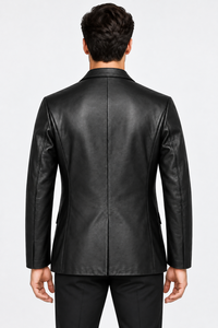 Blazer de Cuero Genuino Negro para Hombre, Cierre de un Solo Botón, Cuello de Solapa Clásico, Corte Entallado, Traje Formal de Negocios - Product Image 4