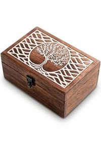 Boîte à bijoux rectangulaire en bois d'acacia poli - Boîte de rangement multifonction classique sculptée et étanche - Product Image 1