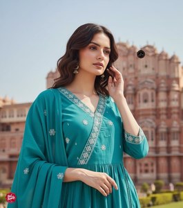 Ensemble Kurti Plazzo en coton lourd traditionnel avec broderie fantaisie et dupatta pour femmes, idéal pour les fêtes, les festivals, les tenues décontractées, grandes tailles - Product Image 2