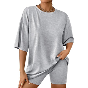 Ladies Soft Cotton T Shirt and Biker Shorts Two Piece <b>Set</b> Comfortable Casual Wear Women - Product Image 1