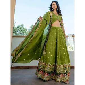 Dazzling Green Embroidered Silk Mehendi Wear Lehenga Choli for <b>Wedding</b> - Product Image 5