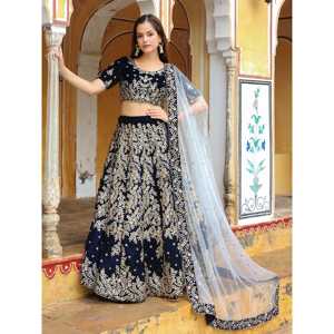 Impresionante ropa de novia elegante y lujosa Lehenga Choli de boda de terciopelo bordado azul marino - Product Image 6