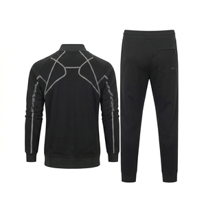 Ensemble de survêtement sportif respirant pour homme, manches longues, fermeture éclair, col montant, noir uni, polyester, tenue d'entraînement athlétique, automne, taille régulière - Product Image 2