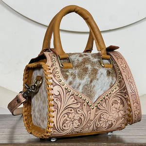Floral Design <b>Tooled</b> Genuine Cowhide <b>Leather</b> Western Duffel Bags Handcrafted Lady Women's Shoulder purse Speedy Handbags - Product Image 4