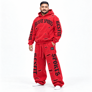 Conjunto Deportivo para Hombre con Sudadera con Capucha Desgastada, Pantalones Jogger con Estampados, Bolsillo Canguro, Etiqueta Personalizada, 100% Algodón Transpirable - Product Image 3