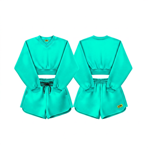Ensemble 2 pièces tricoté bleu pour femme : Crop top et short, col en V, manches longues, couleur unie, coupe classique, toutes saisons - Product Image 5