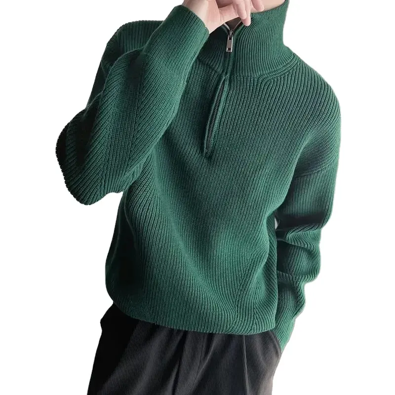 Maglioni lavorati A maglia da uomo con cerniera abiti semplici da uomo pullover con Zip verde con colletto in tinta unita maglioni Overfit