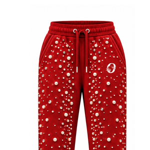 Red Pearl Beaded Jogger Pants Women Fashion Embellished <b>Drawstring</b> Sweatpants Luxury Casual Streetwear Fleece <b>Trousers</b> - Product Image 3