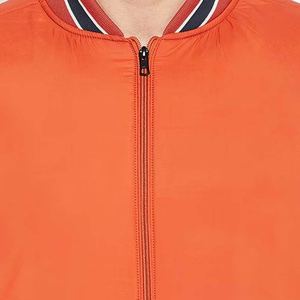 Blouson Bomber Premium Orange à Col et Poignets Côtelés Rayures Bleu Marine et Blanches Fermeture Éclair Intégrale Léger Décontracté pour le Streetwear - Product Image 4