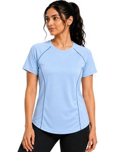 Customized Women Light Blue Quick Dry Sports T Shirt Breathable Moisture Wicking Athletic Gym Running Yoga Activewear Tee <b>Top</b> - Product Image 1
