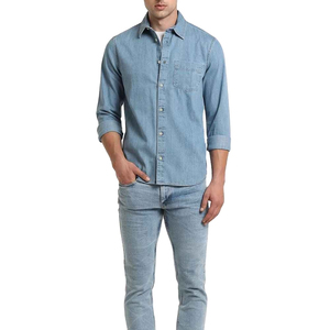 Chemise en jean bleu clair pour homme, manches longues, col rabattu, simple boutonnage, poche poitrine, coupe décontractée, 2026 - Product Image 5
