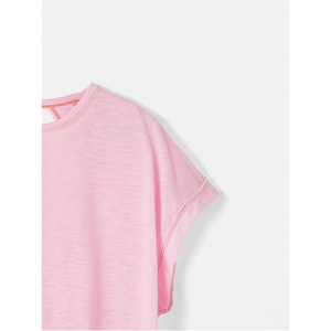 Haut décontracté en maille respirante et écologique pour femme, rose uni, à manches courtes, coupe classique, dos croisé, avec boutons - Product Image 5