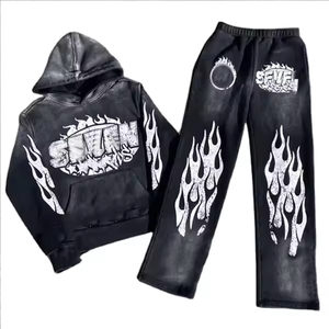 Ensemble sweat-shirt et pantalon de survêtement pour homme, imprimé flamme, noir, deux pièces, manches longues, coupe classique - Product Image 1