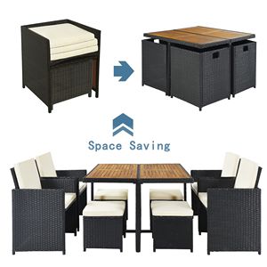 Set da Pranzo da Esterno in Rattan PE Resistente alle Intemperie con Piano in Legno, 8 Posti, Rattan Nero + Cuscini Beige, Set da Giardino 9 Pezzi - Product Image 5