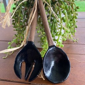 Juego de utensilios para servir ensalada de madera hechos a mano, cuchara y tenedor de madera para ensalada, utensilios de cocina, juego de utensilios para mezclar ensalada de madera natural - Product Image 3