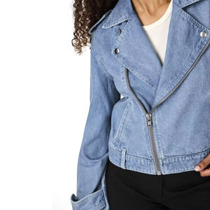 Blouson Biker en Jean Bleu Clair pour Femme, Veste Moto Asymétrique à Fermeture Éclair, Manches Longues, Col Revers, Style Décontracté, Tendance Streetwear - Product Image 2