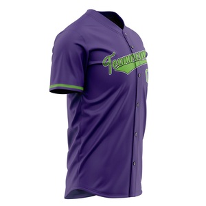 Camiseta de béisbol morada personalizada con ribete verde, estampado sublimado, nombre del equipo 00, camisa de manga corta con botones para hombres adultos - Product Image 4