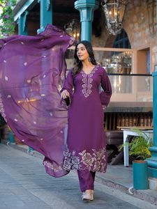 Purple Embroidered <b>Women</b> Salwar Kameez Set Long Sleeve <b>Kurta</b> Palazzo Pants Shawwarah for Party Wedding - Product Image 2