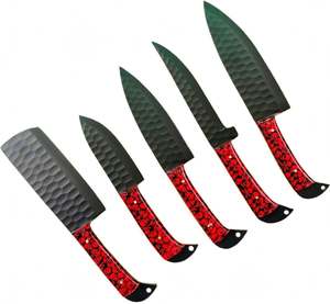 Juego de cocina de 5 piezas de acero martillado antiadherente hecho a mano para preparación culinaria al aire libre con mango de resina roja con gráfico. - Product Image 6