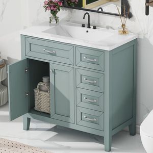 Mobile Bagno da 36 Pollici con Struttura Solida in MDF e Lavabo Integrato, Colore Verde, con Cassetti e Armadietti (Vecchio SKU JL000007AAG) - Product Image 1