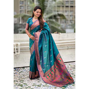 ผ้าไหมเพธานีแบบดั้งเดิมสีเขียวทะเลทอแบบดูอัล ซารี  เสื้อผ้าอินเดียและปากีสถาน - Product Image 1