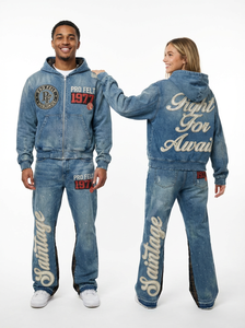 Pro Felt Custom Clothing Manufacturer Stylish <b>Red</b> Vintage Tracksuit for Unisex Custom Distressed Hoodie & Denim Pants Denim <b>Suit</b> - Product Image 2