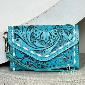 Bolso de Mano para Mujer, de Cuero Vacuno Genuino, Estilo Occidental Floral, de Primera Calidad, Cartera de Vaquera, Bolso de Mano con Correa para la Muñeca, para Viajes - Product Image 1