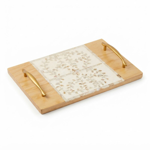 Luxury <b>Oval</b> Mother of Pearl Inlay Wooden Tray Handmade Mango Wood Serving Platter With Gold Brass Leaf Handls <b>Coffee</b> <b>Table</b> Decor - Product Image 2