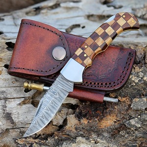 Handmade Damascus Pocket <b>Knife</b> 3in Back Lock Clip Point Serrated Edge <b>Folding</b> Olive Blue Wood Handle Birthday Groomsmen - Product Image 1