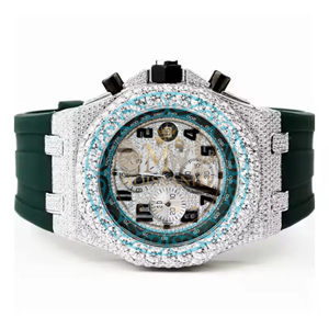 Montre analogique chronographe en quartz moissanite glacé avec bracelet en acier inoxydable, fermoir papillon, incrustation de diamants noirs ETA, style décontracté et luxueux - Product Image 1