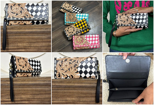 Portefeuille long en cuir véritable à motif floral luxueux, noir et blanc, avec blocage RFID, pour cartes, monnaie et voyage - Product Image 3