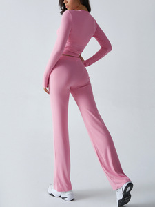 Ensemble de vêtements de yoga pour femmes, deux pièces, uni, haut court sans manches, pantalon large à taille haute élastique, respirant, respectueux de l'environnement - Product Image 6