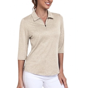 Women Half Zip <b>Polo</b> <b>Shirt</b> Three Quarter Sleeve Casual Golf Top Slim Fit Outdoor Sportswear <b>Ladies</b> Light Tan Pullover Blouse - Product Image 1