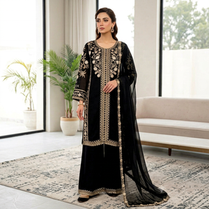 Black Embroidered Silk 3 Piece <b>Suit</b> <b>Women</b> Traditional Indian Pakistani <b>Wedding</b> Floor Length Loose Fit Set - Product Image 1