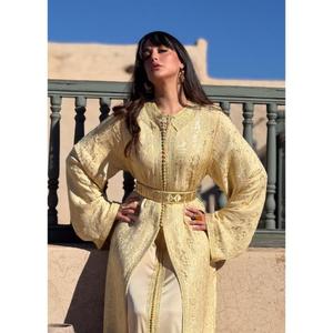 Two-piece <b>Kaftan</b> Golden Silk Brocade Finished Silk <b>Gold</b> Buttons Designed With Refined Completed Matching Belt Define The Waist - Product Image 2